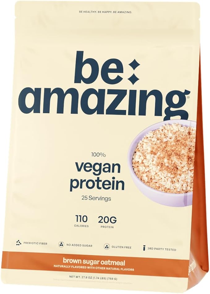 BE AMAZING Vegan Protein Powder Brown Sugar Oatmeal 20g Plant Based Protein with Prebiotic Fiber Low Carb Dairy and Gluten Free Shake Mix No Added Sugar 29.3 oz 25 Servings