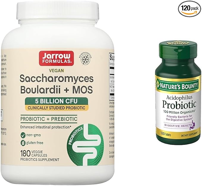 Jarrow Formulas Saccharomyces Boulardii Probiotics + MOS 5 Billion CFU Probiotic Yeast &amp Nature's Bounty Acidophilus Probiotic Daily Probiotic Supplement Supports Digestive Health 1 Pack