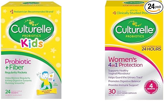 Culturelle Kids Probiotic + Fiber Packets (Ages 3+) - 24 Count - Digestive Health &amp Immune Support &amp Women’s 4-in-1 Daily Probiotic Supplements for Women - Supports Vaginal Health