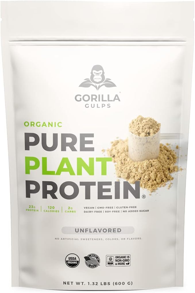 Gorilla Gulps 100% Organic Pure Plant Protein Powder | USDA Certified | Organic Protein Powder | Vegan | Non-GMO | Sugar Soy Dairy &amp Gluten Free | 20 Servings - Unflavored