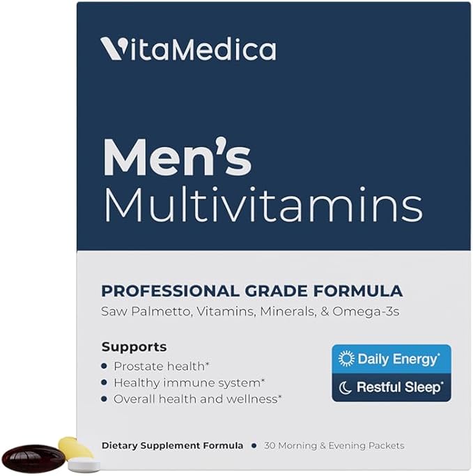 VitaMedica Men’s Multivitamin with Prostate Health Support | Vitamins Minerals Omega3s and Saw Palmetto | Box of 30 Easy Daily Packs | Supports Natural Energy and Sleep | Muscle Joint Health