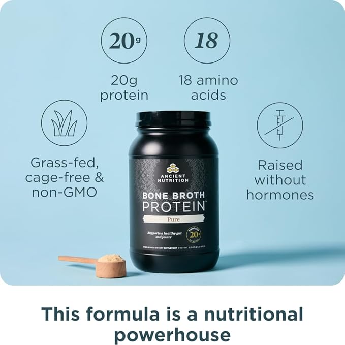 Ancient Nutrition Grass Fed Cage Free Bone Broth Protein Powder 20g Protein Hydrolyzed Collagen Peptides Keto &amp Paleo Friendly Supports Joint &amp Gut Health Pure 40 Servings