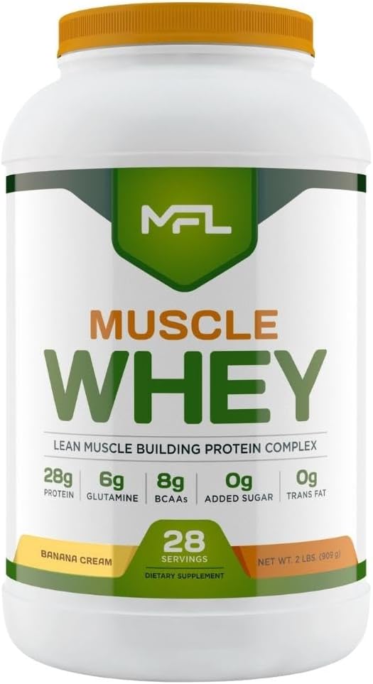 MFL Muscle Whey Protein 2 lbs l 26g of Protein l 8g BCAAs l 6g Glutamine l Low Carbs l 28 Servings (Vanilla Bean)