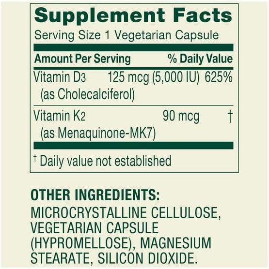 Vitamin K2 (90mcg) + D3 (125mcg) Vegetarian Capsules 90 Count