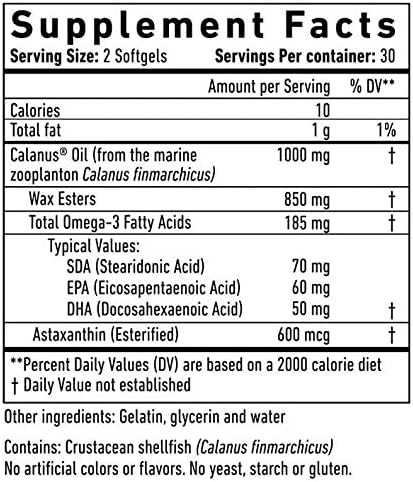 Marine Oil Supplement - All Natural Calanus Oil Astaxanthin Omega-3 and Fatty Acids - Heart and Brain Health Nutritional Supplements