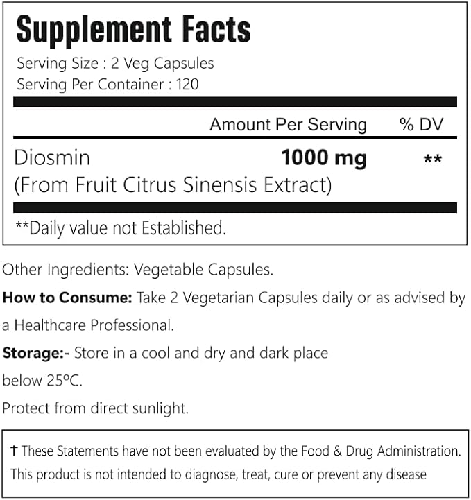 Diosmin Capsules 240 Count 1000 mg Serving Vegan Citrus Bioflavonoids 100% Vegetarian Non-GMO &amp Gluten Free Diosmin Supplement with Max Strength - 2 Packs