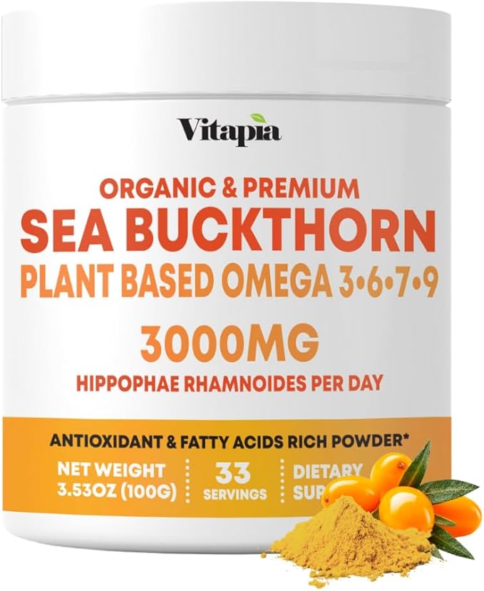 Organic Sea Buckthorn Extract Powder with Natural Omega 7 &amp Omega 3 6 9 for Heart Health Skin Immune Support - 100g Powder Supplement &amp 33 Day Supply - Non-GMO Gluten-Free Vegan-Friendly