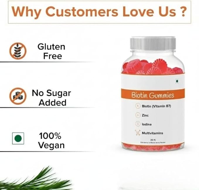 GHC Biotin Hair Gummies - 30 Gummies | 30 Days Pack | Enriched with Biotin Vitamin A C E &amp Zinc | Added Sugar | Keeps Hair Healthy &amp Strong | Cranberry Flavored |100% Vegetarian