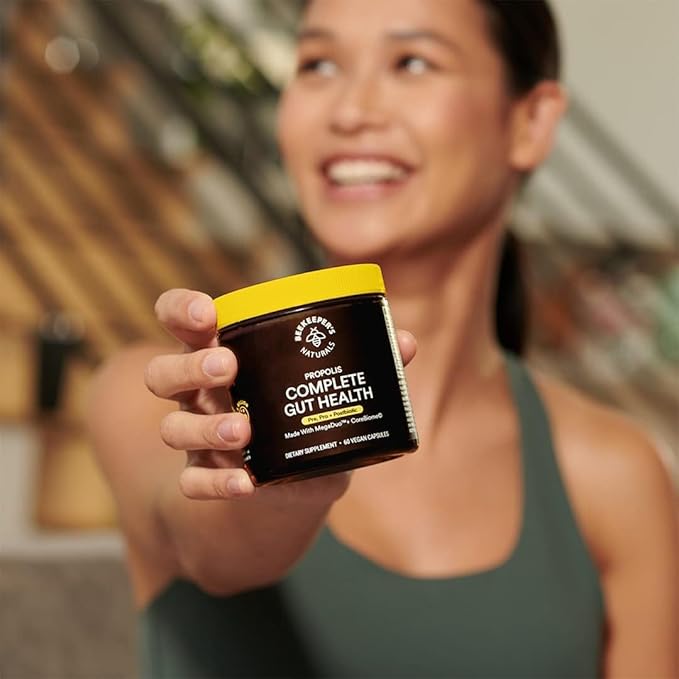 Beekeeper's Naturals Complete Gut Health 3-in-1 Prebiotic Postbiotic Probiotics for Digestive Health &amp Bloating Relief for Women &amp Men Propolis Powered Gluten-Free Vegan Capsules 28ct