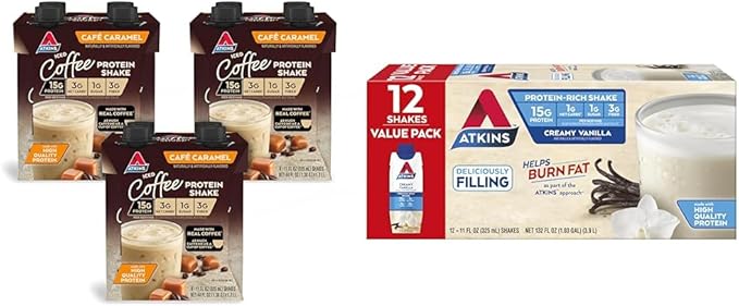 AtkinsCafé Caramel Iced Coffee Protein Shake 15g Protein Low Glycemic 3g Net Carb 1g Sugar &amp Creamy Vanilla Protein Shake 15g Protein Low Glycemic 2g Net Carb 1g Sugar Keto Friendly