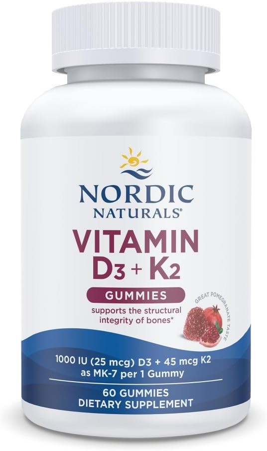 Nordic Naturals Vitamin D3 + K2 Gummies Pomegranate - 60 Gummies - 1000 IU Vitamin D3 + 45 mcg K2 - Great Taste - Bone Health Promotes Healthy Muscle Function - Non-GMO - 60 Servings