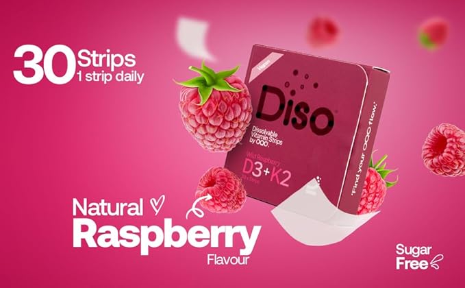 DISO - D3+K2 - Fast-Dissolving Oral Strips Wild Raspberry Flavor Vegan Sugar Free Maximum Absorption Gluten Free Individually Wrapped for Healthy Bones and Teeth 30 Dissolvable Strips