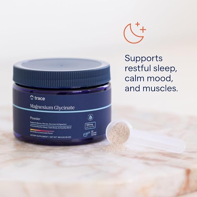 Trace Minerals Magnesium Glycinate Powder - Daily Magnesium Powder for Sleep Support - Calming Bedtime Drink - Natural &amp Gentle - Mixed Berry Lemonade - 180g (60 Servings)