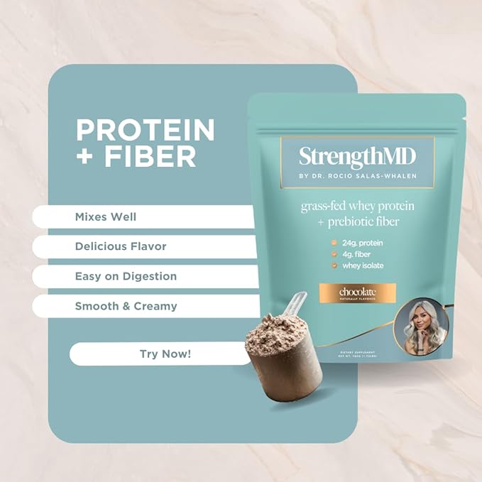 StrengthMD Physician Formulated Protein + Fiber Shake for GLP-1 Support | 24g Protein Grass-Fed Whey 4g Fiber &amp Digestive Enzymes Low Carb No Added Sugar Chocolate 1.72 lb
