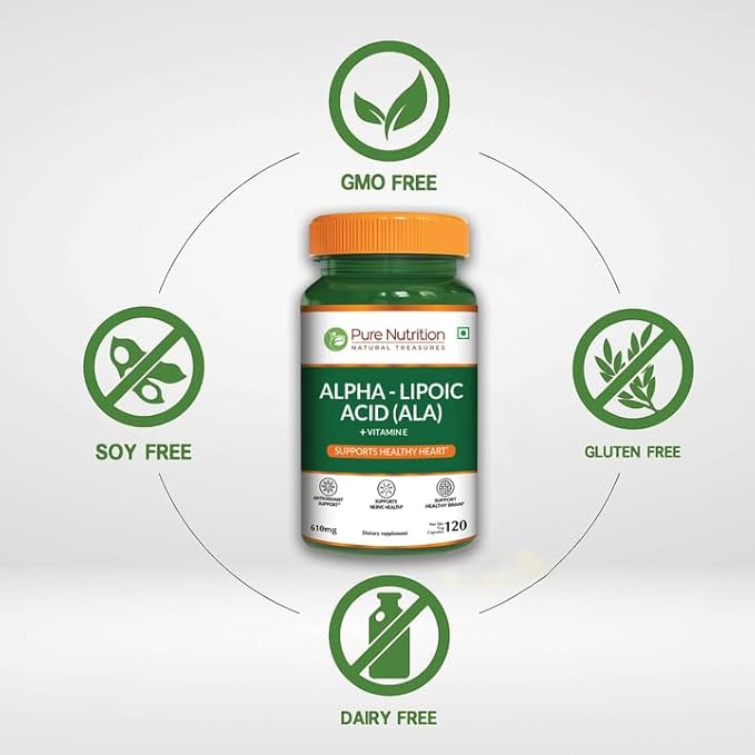 Pure Nutrition Alpha Lipoic Acid 600mg + Vitamin E | 120 Caps | Powerful Antioxidant to Support Nerve &amp Heart Health*. | Non-GMO