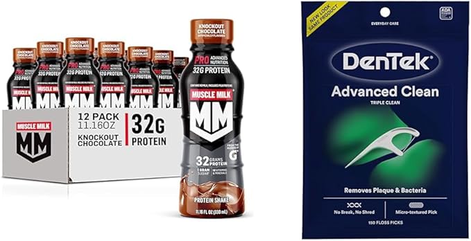 Muscle Milk Pro Protein Shake Knockout Chocolate 11.16 Fl Oz 12 Pack + DenTek Triple Clean Advanced Clean Mint Floss Picks 150 Count