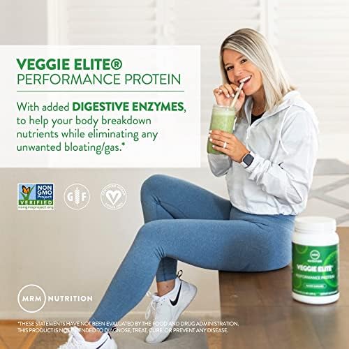 MRM Veggie Elite Performance Protein - Vanilla Bean Plant-Based Powder 24g Protein per Serving with BCAAs &amp Digestive Enzymes Clinically Tested - Vegan Gluten-Free - 30 Servings