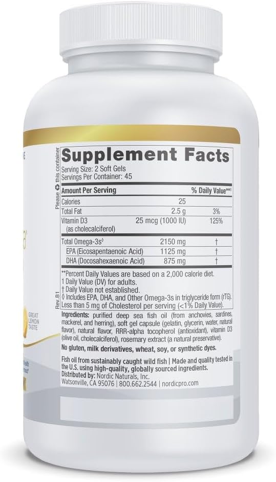 Nordic Naturals ProOmega 2000-D Lemon Flavor - 90 Soft Gels - 2150 mg Omega-3 + 1000 IU D3 - Ultra High-Potency Fish Oil - EPA &amp DHA - Brain Heart &amp Immune Health - Non-GMO - 45 Servings