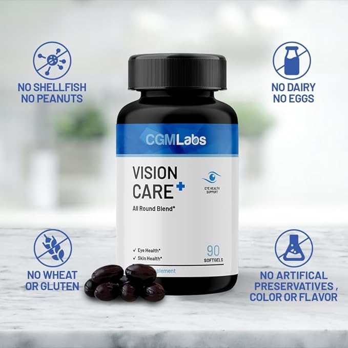 Vison Care Plus - Complete Dietary Supplement for Your Vision- Lutein 20mg Zeaxanthin Vitamin A Bilberry Extract - 90 Softgels by CGM Labs