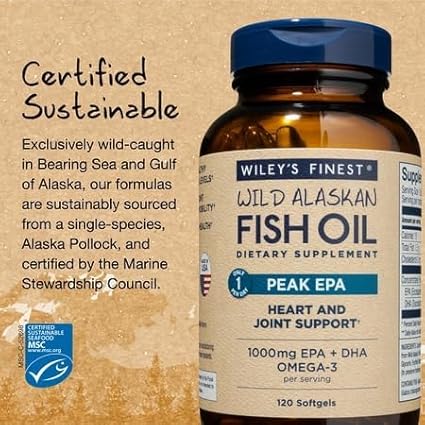 Wiley's Finest Wild Alaskan Fish Oil Peak EPA - Triple Strength Peak EPA &amp DHA Supplement - 1000mg Fish Oil - Omega-3s for Joint Health Support - 120 Softgels (120 Servings)