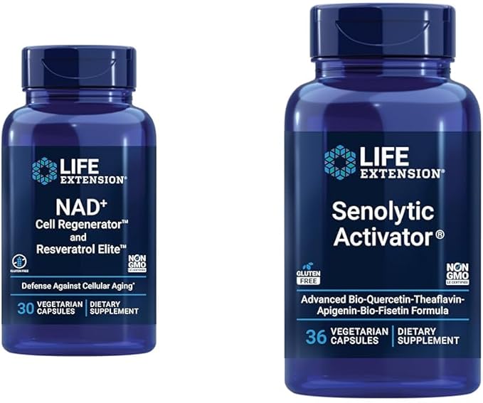 Life Extension NAD+ Cell Regenerator Resveratrol Elite Senolytic Activator with Quercetin Fisetin Theaflavins for Cellular Health 30 and 36 Vegetarian Capsules