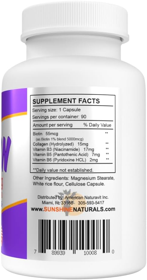 Sunshine Naturals Biotin Dietary Supplement. for Healthier Skin Thicker Hair Nail Growth. Collagen Vitamin A B for Hair Loss Beauty Cell Renewal Scalp Health. 5000 mcg. 90 Capsules. Pack of 5