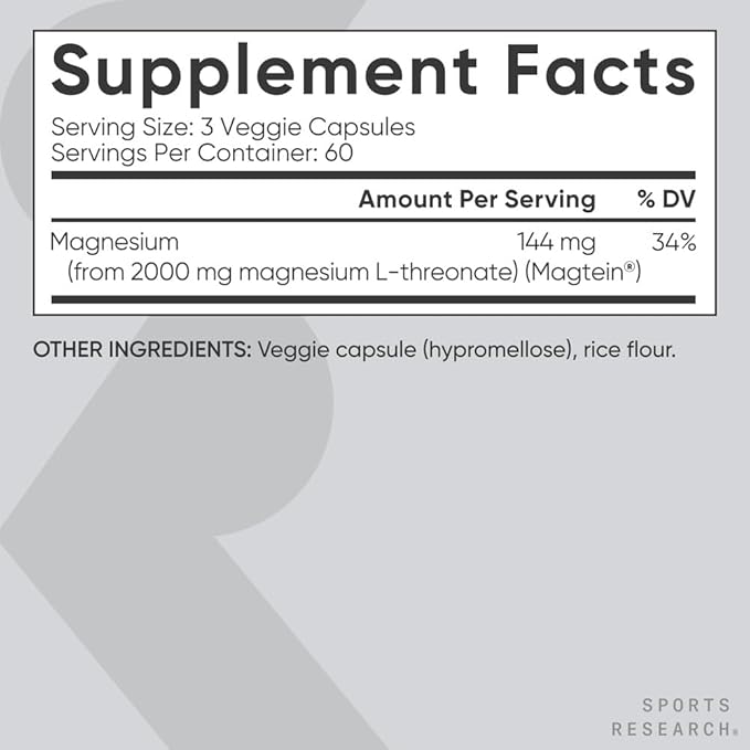 Sports Research® Magnesium L-Threonate Capsules 2000mg - High-Absorption Magtein® for Enhanced Brain Health Memory Focus &amp Restful Sleep Support - Vegan · Non-GMO · Gluten Free - 180 Count
