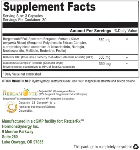 HormoneSynergy Cholest Protect - Citrus Bergamot - Bergamonte® Berberine and Curcumin C3 Complex® 90 Capsules Dietary Supplement by RetzlerRx®