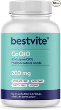 BESTVITE CoQ10 200mg (120 Vegetarian Capsules) Naturally Fermented - No Stearates - Vegan - Gluten Free - Non GMO