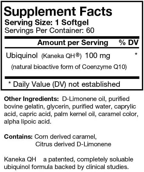 Ubiquinol-QH Cardiovascular &amp Energy Support Supplement – 100 mg of Bioavailable CoQ10 - Promote Cellular Heart &amp Brain Health– Supports Healthy Aging &amp Cognitive Function - 60 Softgels