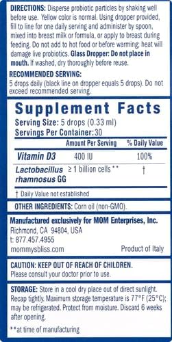 Mommy's Bliss Baby Probiotics + Vitamin D DropsSupports Digestive Health &amp Immune Function*400IU Vitamin DSupports Bone Development*Newborns+Flavorless0.34 Fl Oz (30 Servings)(Pack of 2)