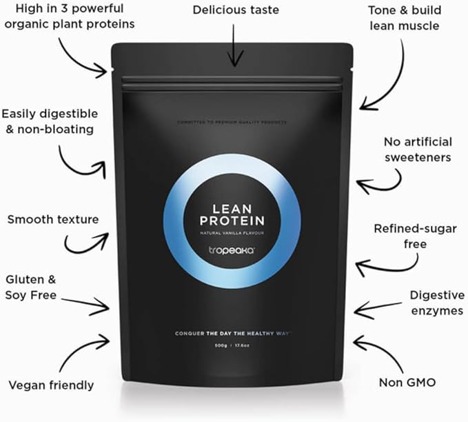 Tropeaka Plant Based Lean Protein Powder for Smoothies &amp Shakes - Vanilla - Vegan Protein for Men &amp Women Gluten Free Dairy Free Non-GMO 17.6oz (20 Servings)
