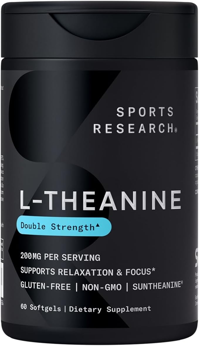 Sports Research Vegan Biotin 10000mcg with Coconut Oil Max Strength Vitamin B7 120 Softgels (4 Month Supply) and Double Strength L-Theanine Supplement for Focus Relaxation &amp Alertness 200mg 60 C
