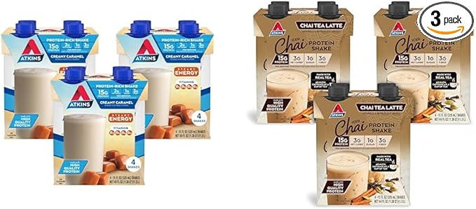 Atkins Energy Shake Creamy Caramel with B Vitamins and Protein Keto-Friendly and Gluten Free 4 Count(Pack of 3) Bundle with Atkins Chai Tea Latte Protein Shake 15g Protein Low Glycemic