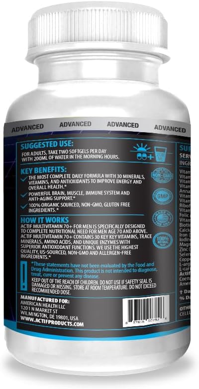 ACTIF Multivitamin for Men Age 70+ with 30 Advanced Factors – Non GMO Made in USA 90 Count
