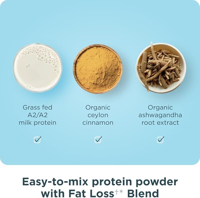 Ancient Nutrition Grass Fed Whey Protein + Fat Loss Blend Vanilla Cinnamon 23g Protein Promotes Fat Loss and Boost Metabolism Organic Regenerative A2/A2 Milk Protein18 Servings