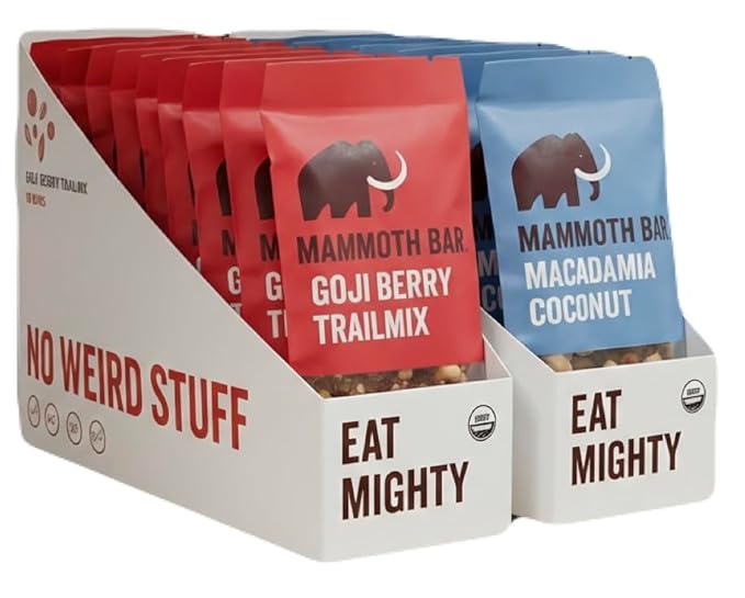 Mammoth Bar 20 pack saver bundle - 10 Macadamia Coconut &amp 10 Goji Berry Trail Mix Bars -Organic Protein Bars – Prebiotic • Gluten Free • Egg Protein • GMO Free • Raw • Premium Nuts