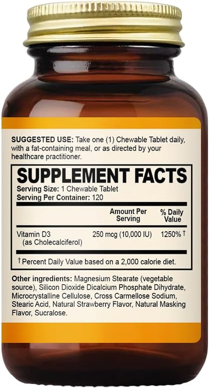 Vitamin D3 10000 IU (250 mcg) - CholecalciferolD3 Supplement Vitamin D 10000 IU - 120 Chewable Tablets
