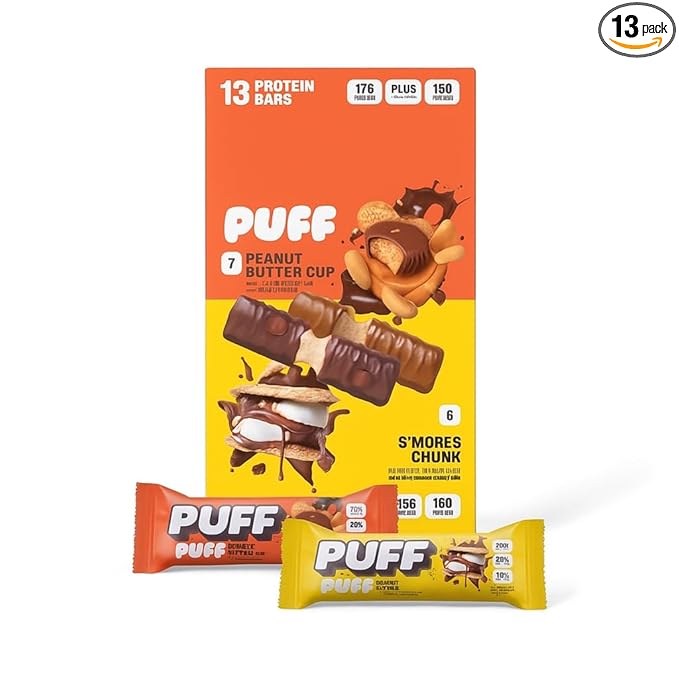 Puff Protein Bars7 Peanut Butter Cup 6 S'more Chunk Flavor 17g Protein Gluten Free 19.2 oz 13 Variety Pack.