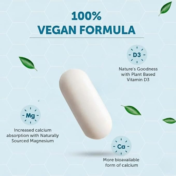 Calcium 1000mg Supplement for Men &amp Women with Plant Based Vitamin D3 &amp Natural Magnesium for Healthy Joints - 60 Vegan Tablets