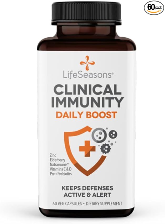 LifeSeasons Clinical Immunity - Daily Boost - Immune System Booster - Pre + Probiotics - Increases Antibodies &amp Immune Cells - Elderberry Zinc Natramune &amp Vitamin C + D3-60 Capsules