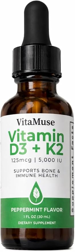 Vitamin D3 + K2 Drops 5000 IU D3 100 mcg K2 MK-7 Peppermint Flavor Liquid Tincture with Organic Oils Non-GMO Gluten-Free 1 fl oz