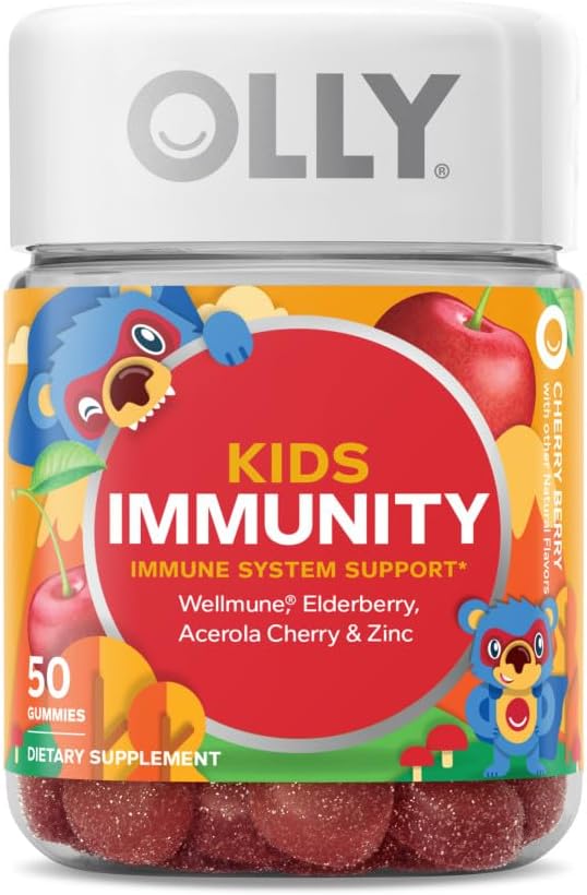 OLLY Kids Immunity Gummy Immune Support Wellmune Elderberry Vitamin C Zinc Chewable Supplement Cherry - 50 Count &amp Gummy Active Immunity+Elderberry 45 Gummies (1 Pack) Berry Flavor