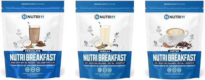 NutriBreakfast by Nutrillermo | Keto Collagen Protein Powder Bundle – Chocolate Vanilla &amp Coffee | Grass-Fed Collagen with MCT Oil &amp Coconut Creamer | Energy Focus &amp Wellness Support