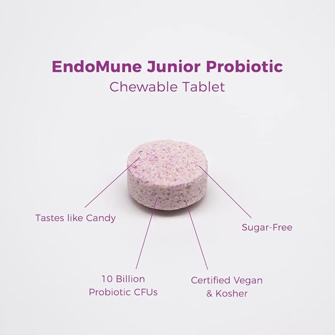 Endomune Jr Advanced Kids Probiotic and Prebiotic Chewables -10 Billion CFUs - 4 Strains Bacteria and FOS Prebiotic - Physician Formulated - 30 Chewable Tablets