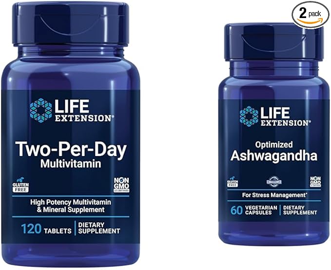 Life Extension Two-Per-Day 120 Tablet Multi-Vitamin &amp 60 Capsule Optimized Ashwagandha Stress Relief Supplement Bundle