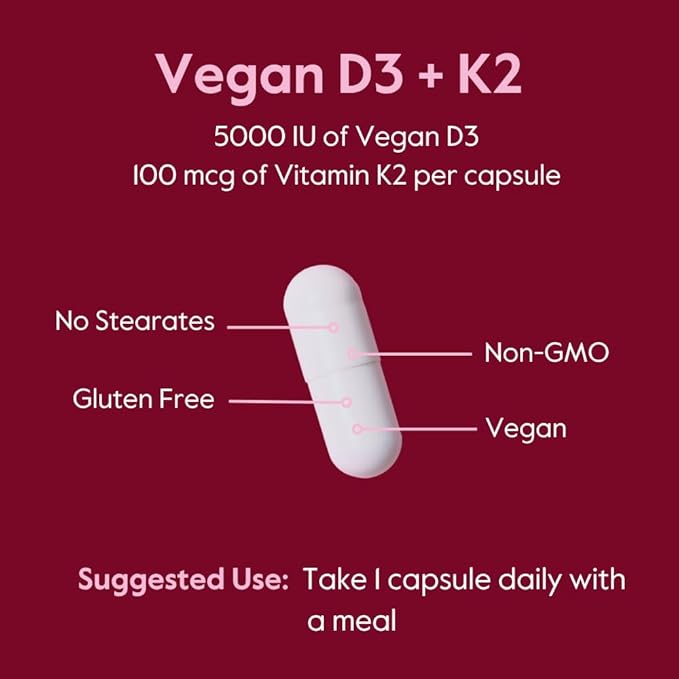 BESTVITE Vegan Vitamin D3 5000 IU + Vitamin K2 100 mcg as MK-7 (120 Vegetarian Capsules) - No Stearates - Vegan - Non GMO - Gluten Free