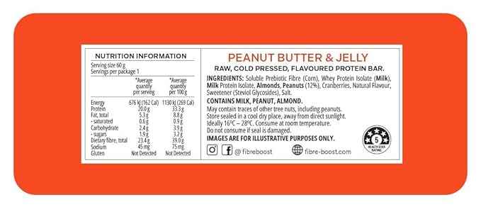 Fibre Boost Cold Pressed Peanut Butter and Jelly flavoured protein bar