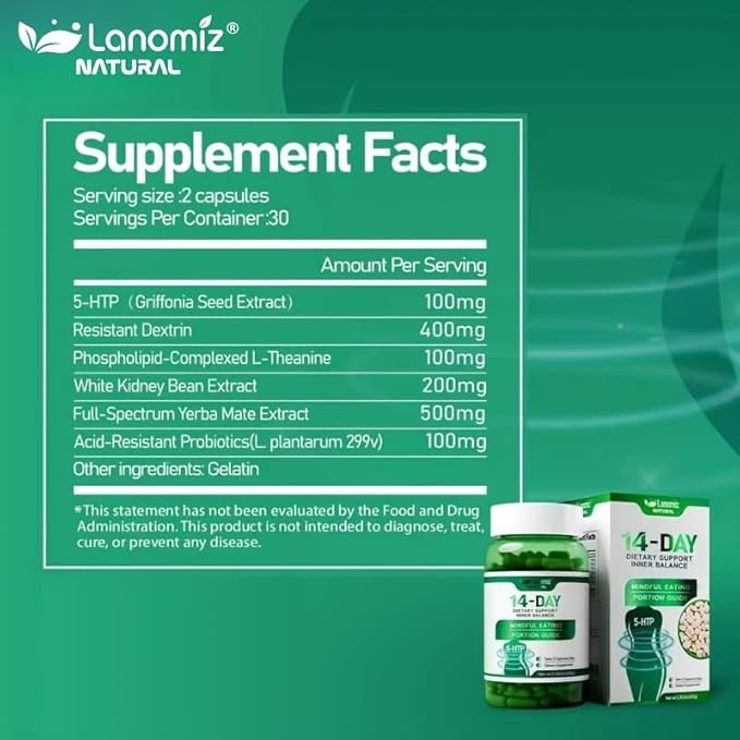 Gut Health Blend Supplement with Sustained-Release Probiotics Natural GLP-1Alternative White Kidney Bean Extract 5-HTP 60 Capsules Vegan Gluten-Free Dietary Perfect