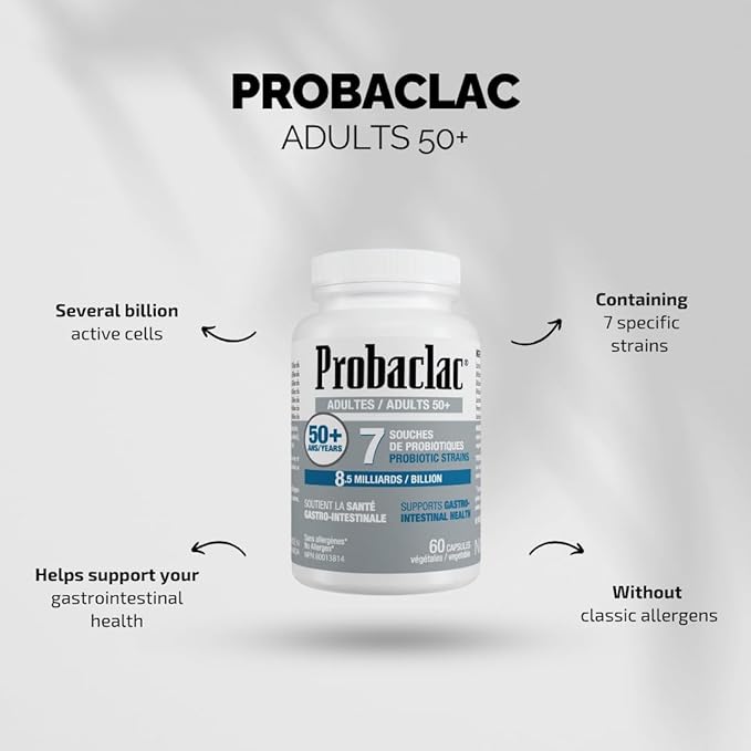 Probiotics for 50+. It Help Support gastrointestinal Health and Bloating Relief and Contribute to a Natural Healthy Intestinal Flora.7strains of probiotic and lactic Ferment Complex. (60)